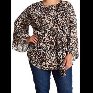 🌿 2X Bobeau Printed Tie Waist Knit Blouse